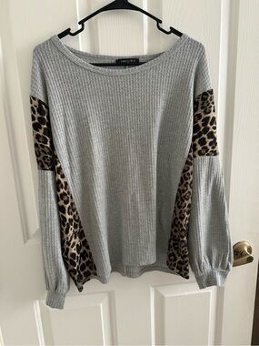 Gray Waffle Knit Blouse with Leopard Trim